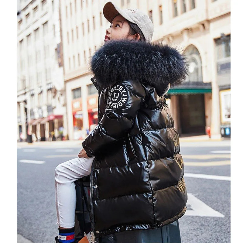 30 Teen Girls Jacket Winter Long Solid Color Glossy Waterproof Thick Warm Hooded Parkas For 514Y Kids Fur Collar Cotton Coat 251017