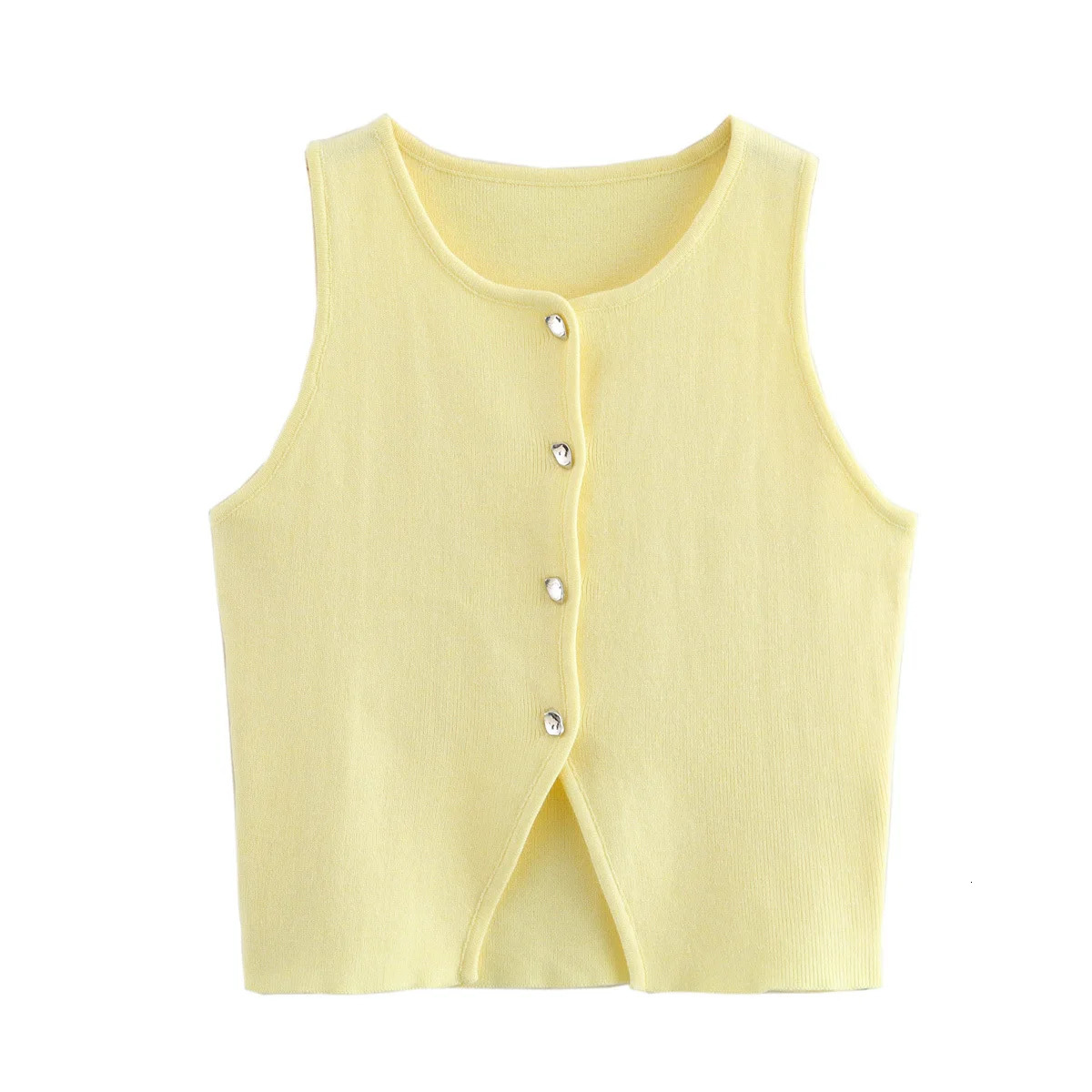 MUJER Pink Knit Sleeveless Vest Women Cropped Sweater Top Yellow Button Vests Streetwear Waistcoat Knitwears 251021