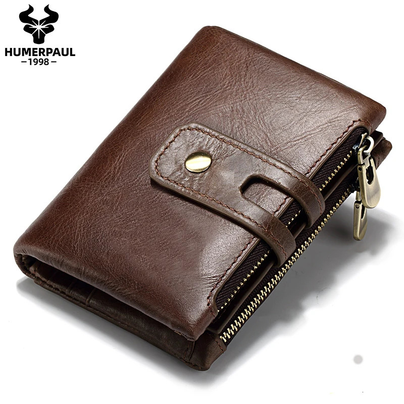 HUMERPAUL Retro Wallet for Men RFID Genuine Leather Hasp Zipper Card Holder Coin Purse Short Bifold Men Women Portomonee 251013
