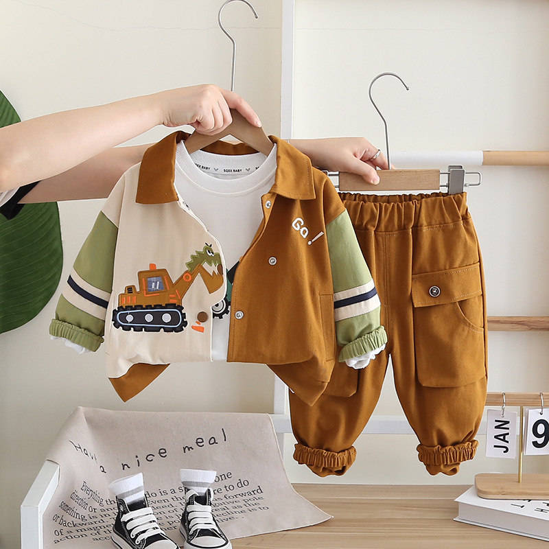 Boys' autumn fashion cartoon excavator three piece set, baby's autumn handsome baby clothes trendy children's fashion free shipping