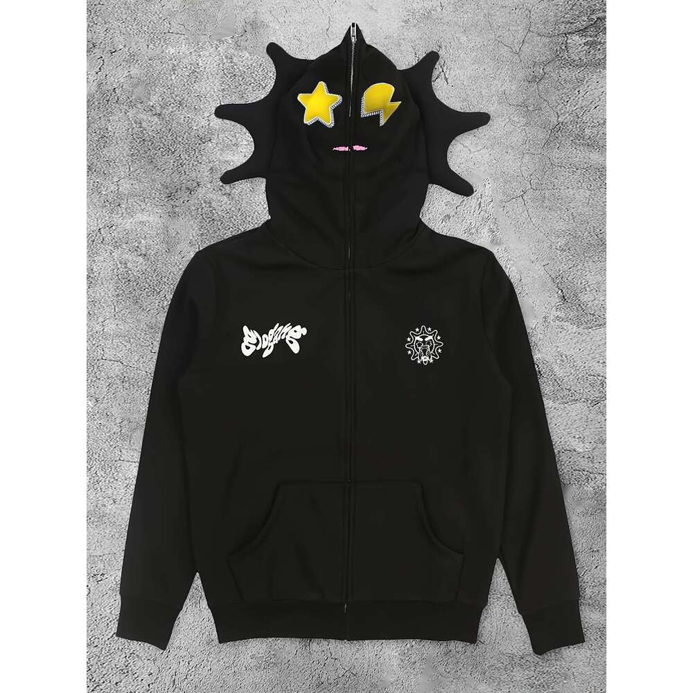 Y2k Women's Hoodie Star Letter High Elasticity, Hine Washable, Black With White & Yellow Accents, All-Season Casual Wear, Comfortable Highelastic
