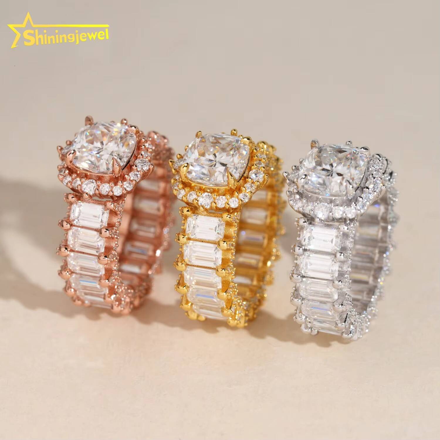 Fashion Iced Out Diamond Emerald Cut Band Women Engagement Ring VVS Moissanite Fine Hop Jewelry 925 Sliver Wedding Ring