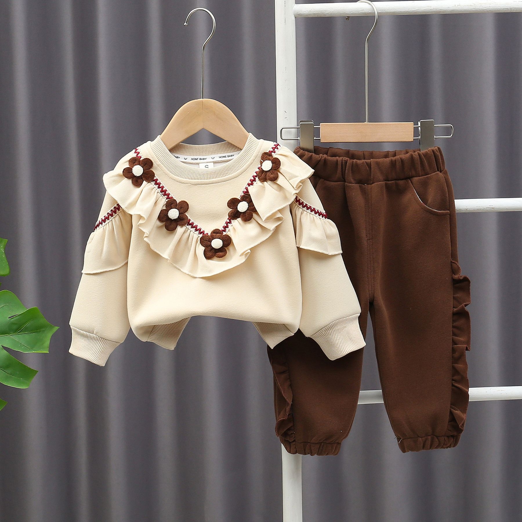 Girls' Spring and Autumn Flower Hoodie Set 2024 New Style Baby Girl Fashion Lace Top Children's Spring Two Piece Set Free Shipping Designer