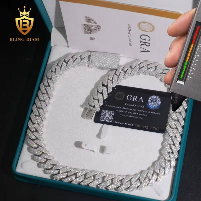 D Color VVS Moissanite Diamond Silver Cuban Link Sterling Silver 925 Iced Out Moissanite Cuban Link Chain Necklace