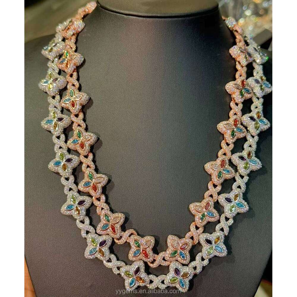 Countess Yuying Cut Flower Style Color Silicon Stone Real Gold Plated S Sier Cuban Chain Necklace Hip Hop Jewelry