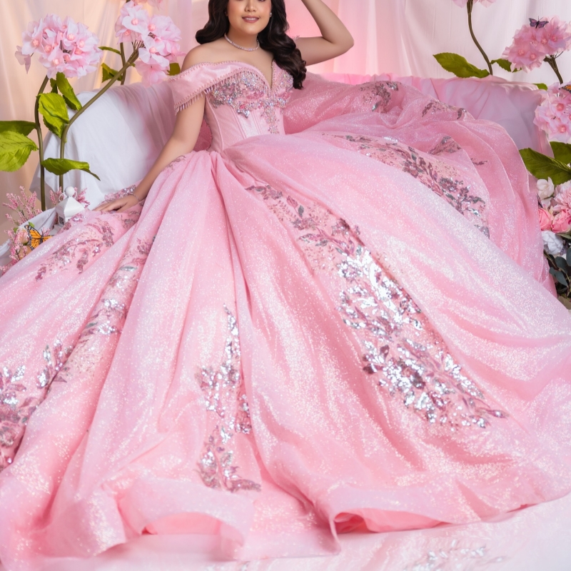 Pink Shiny Quinceanera Dresses Off The Shoulder Sequin Applique Lace Beading Tull Party Birthday Sweet 16 Dres Vestidos 15 De Anos