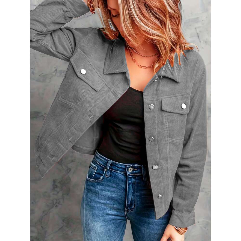 Corduroy Button Front Flap Pockets Jacket, Casual Long Sleeve Jacket For Spring & Fall, Women's Clothing