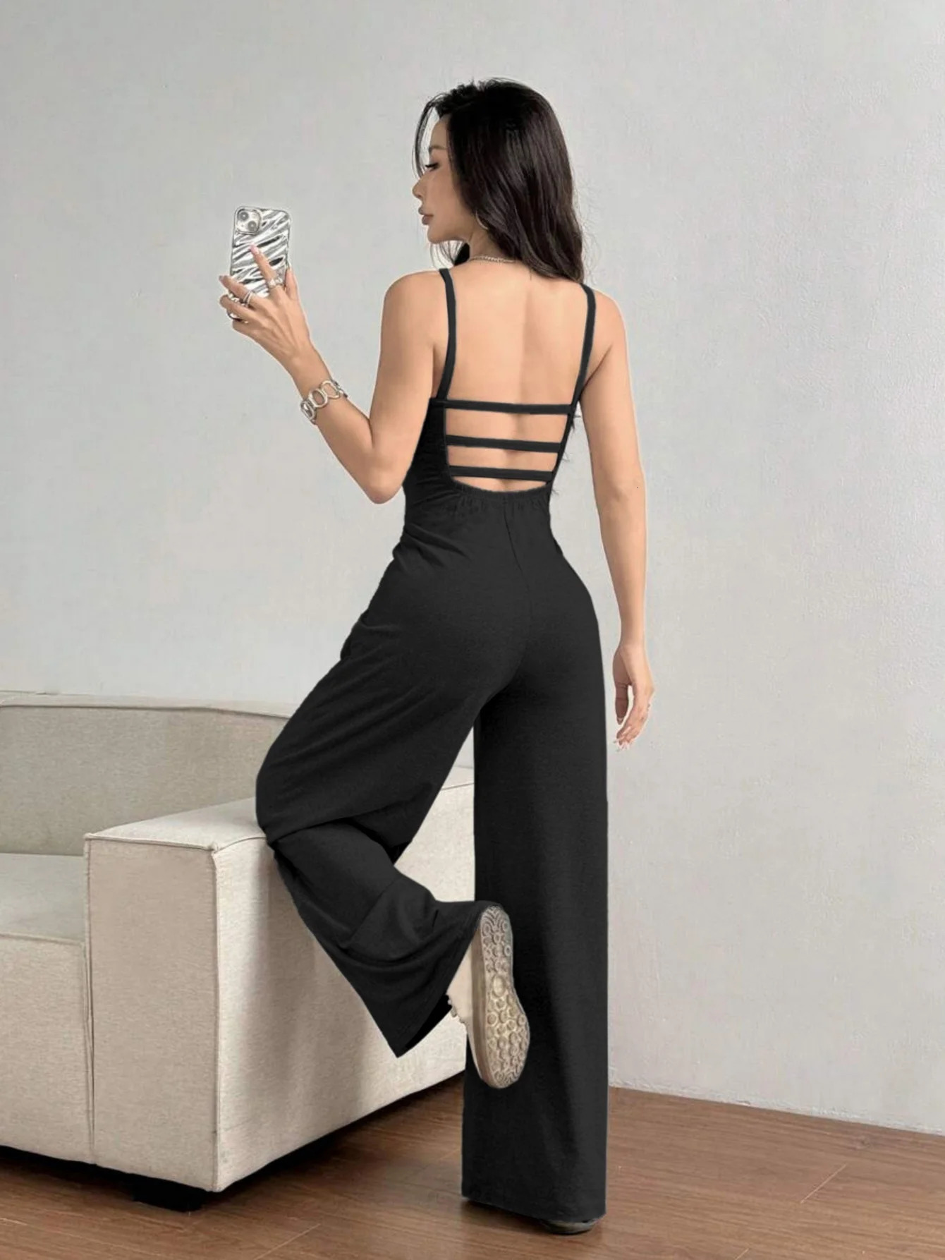 Womens Fashionable Casual Knitted OnePiece Romper WaistCinching BackExposing Elegant WideLeg Pants Sporty Casual Jumpsuit 251016