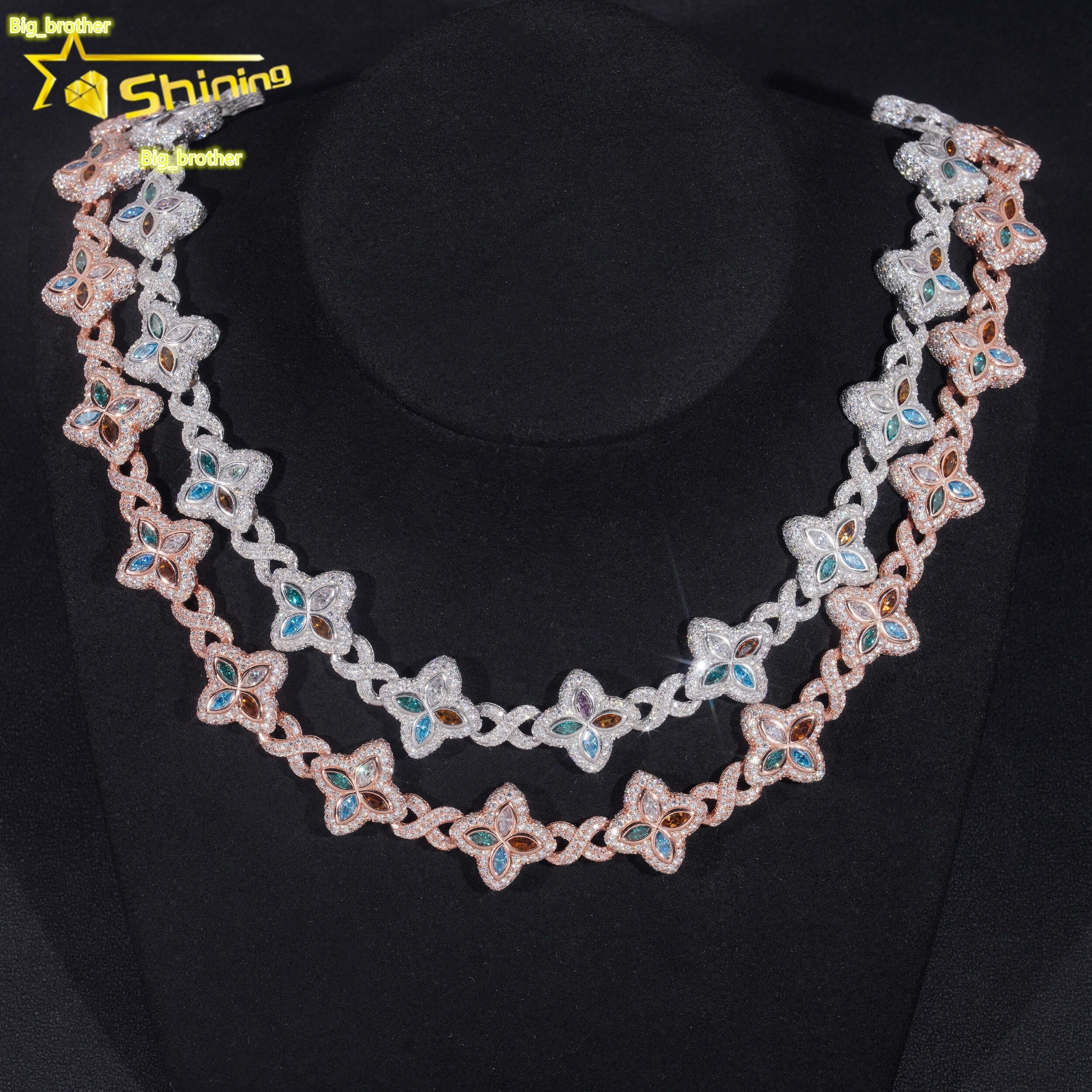 Top Quality New Arrival 15MM 925 Sterling Silver Hip Hop Jewelry Iced Out Chain Cuban Link Chain Colored Moissanite Necklace