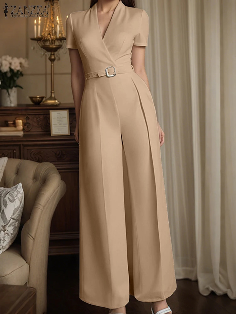 ZANZEA Street Fashion High Waist Jumpsuits Women Workwear Belt Rompers Solid Deep V Neck Elegant Office Lady Long Overalls 251016