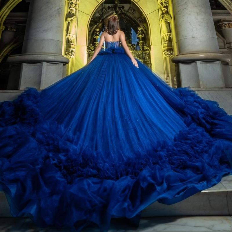 Royal Blue Shiny Quinceanera Dresses Off The Shoulder Beading Crystal Tiered Tull Party Birthday Sweet 16 Dres Vestidos 15 De Anos