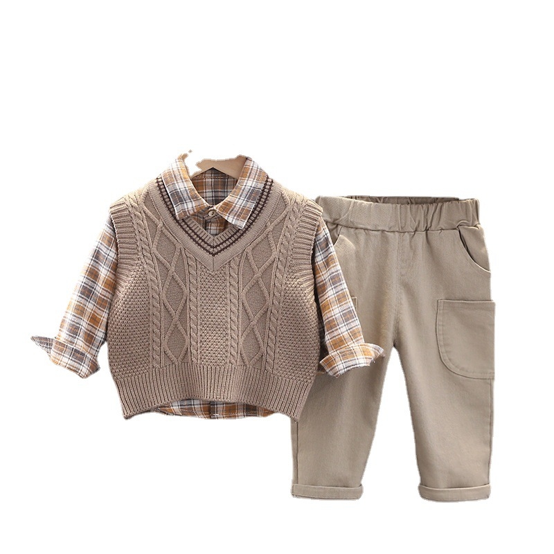 Children's set, cute knitted sweater vest, Korean version, boys' checkered shirt, long sleeved vest, three piece set free shipping
