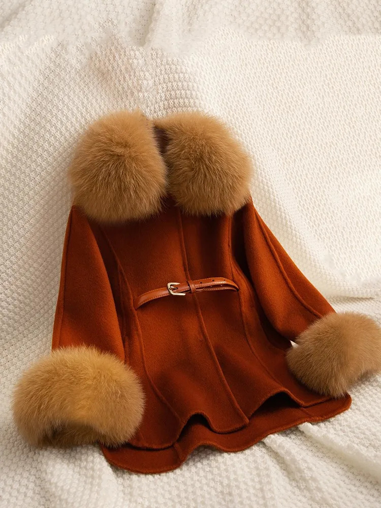 Winter All Wool Double Sided Cashmere Coat Belt Fox Fur Collar Coat Girls Winter Coat Christmas Girls Jacket 251015