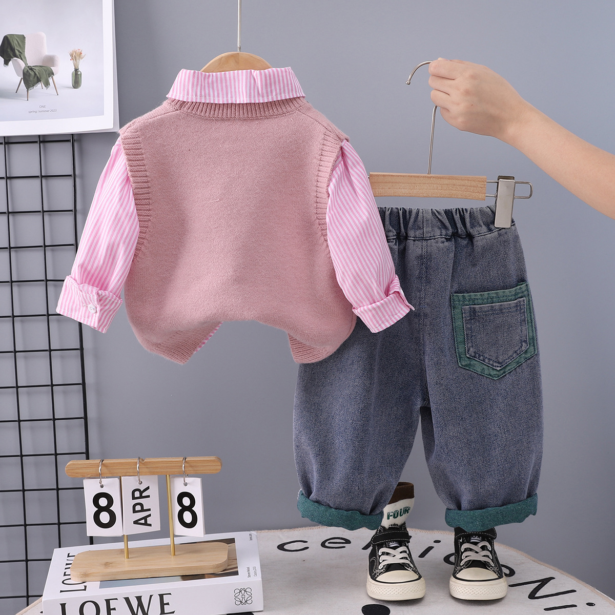 Boys' autumn solid color sweater vest three piece set 2025 new baby spring autumn knitted children's Korean version set free shipping design