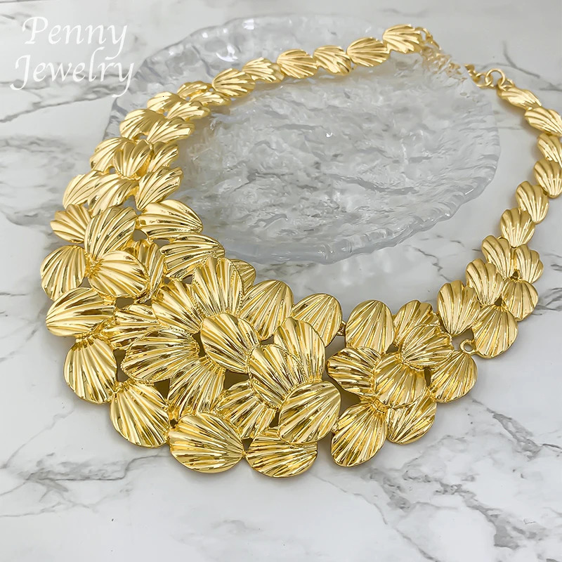 Textured Collar Necklace Drop Earrings Bracelet Ring Big Size Choker Gold Plated Jewelry Set Bridal Wedding Party Gifts 251016