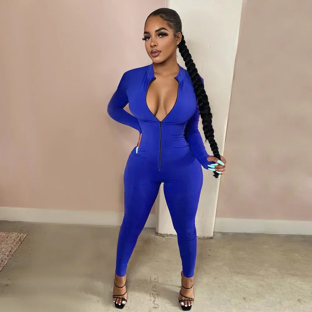 Sexy Solid Color Long Sleeve Deep V Bodycon Rompers Womens Jumpsuit Sport Suit Fashion Zip Up Long Pants Overalls Fitness Set 251016