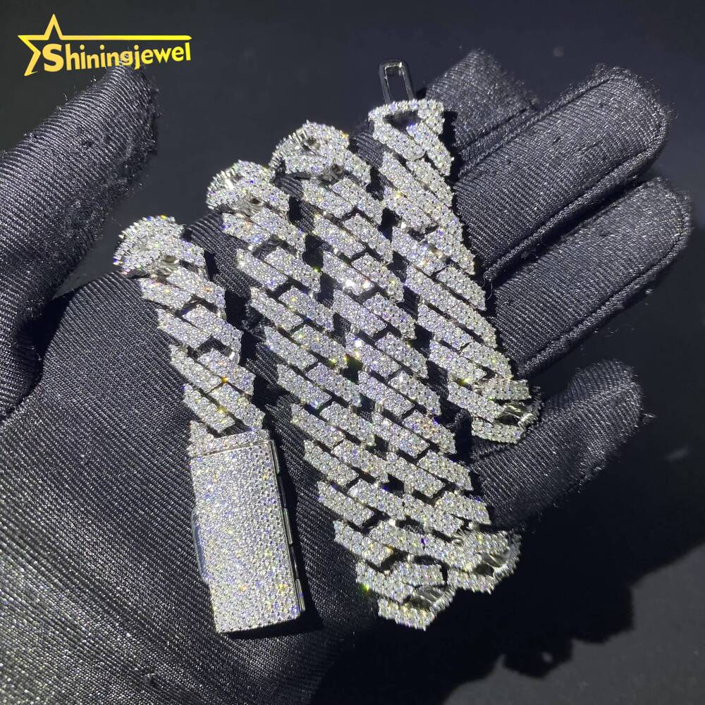 Pass Diamond Tester 12mm 2Rows Iced Out Hip Hop Jewelry Bracelet 925 Solid Silver VVS D Moissanite Cuban Link Chain Necklace