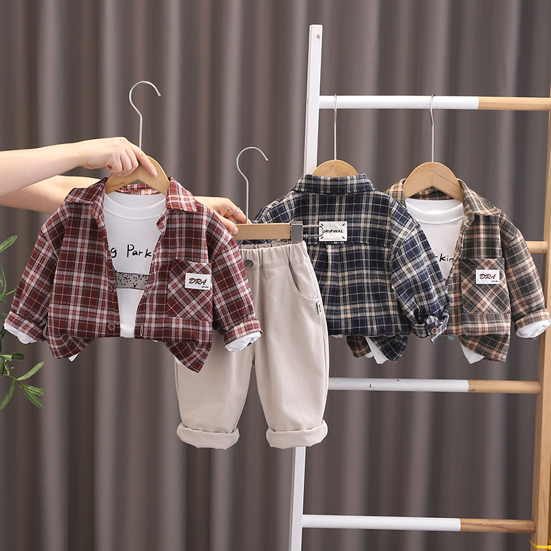 Boys' Spring and Autumn 2025 Autumn Edition Korean Edition Children's Fashionable Label Plaid Shirt 3-Piece Set Trendy