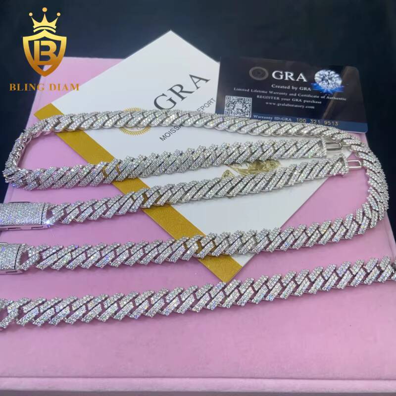 In Stock HipHop Style S925 Moissanite 12mm Cuban Chain Pass Diamond Tester Iced Out Moissanite Necklace Chain Silver with GRA