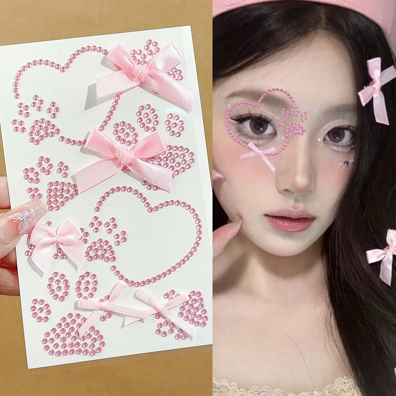 Fashion Face Stickers Rhinestone Ribbon Bow DIY Eyes Face Makeup Sticker Easy To Wear Bows Temporary Tattoo Stickers Makeup Tool 251015