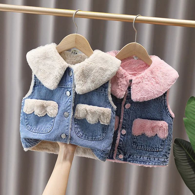 Autumn Winter Girl Boy Vest Fur Denim Jacket Baby Toddler Girls Clothes Fleece Coat Sleeveless Waistcoat Children Snow Outfit 251015