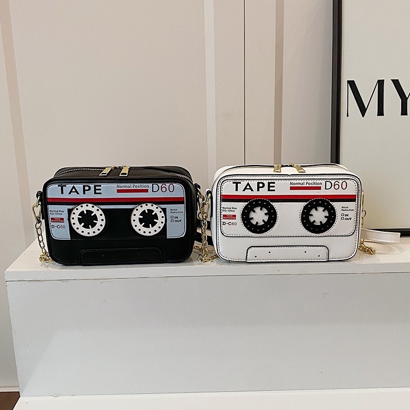 New casual bag for women, designer crossbody bag, cute mini retro recorder, stereo single shoulder phone backpack, color blocked