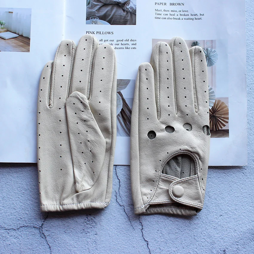 Summer Driving Leather Gloves Womens Thin Sheepskin Unlined Fashionable Hollowed Out All Finger Motorcycle Riding Gloves 251015