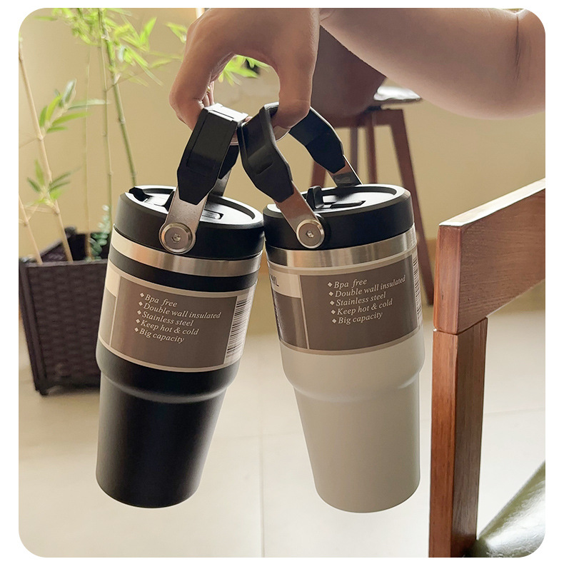 large capacity portable car cup stainless steel thermos cup with straw handle travel sports water bottle vacuum flask