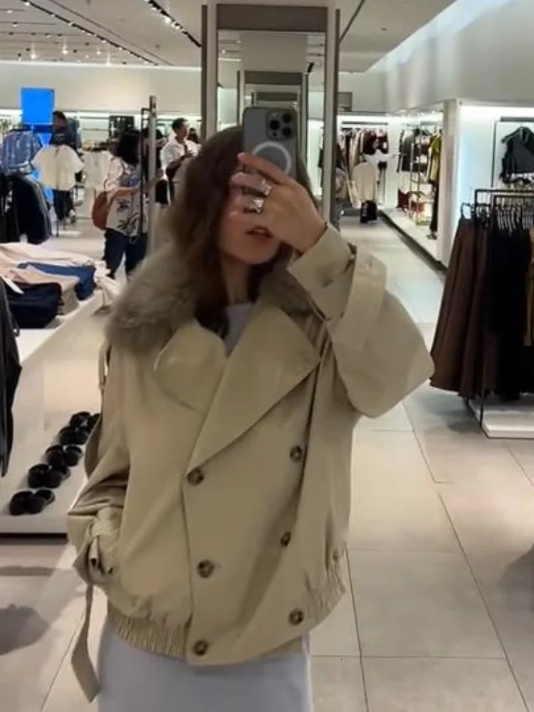 Long Sleeve Jacket Women Cropped Trench Coat Lapel Double Breasted Pocket Jackets 2025 Autumn Female Retro Streetwear 251010