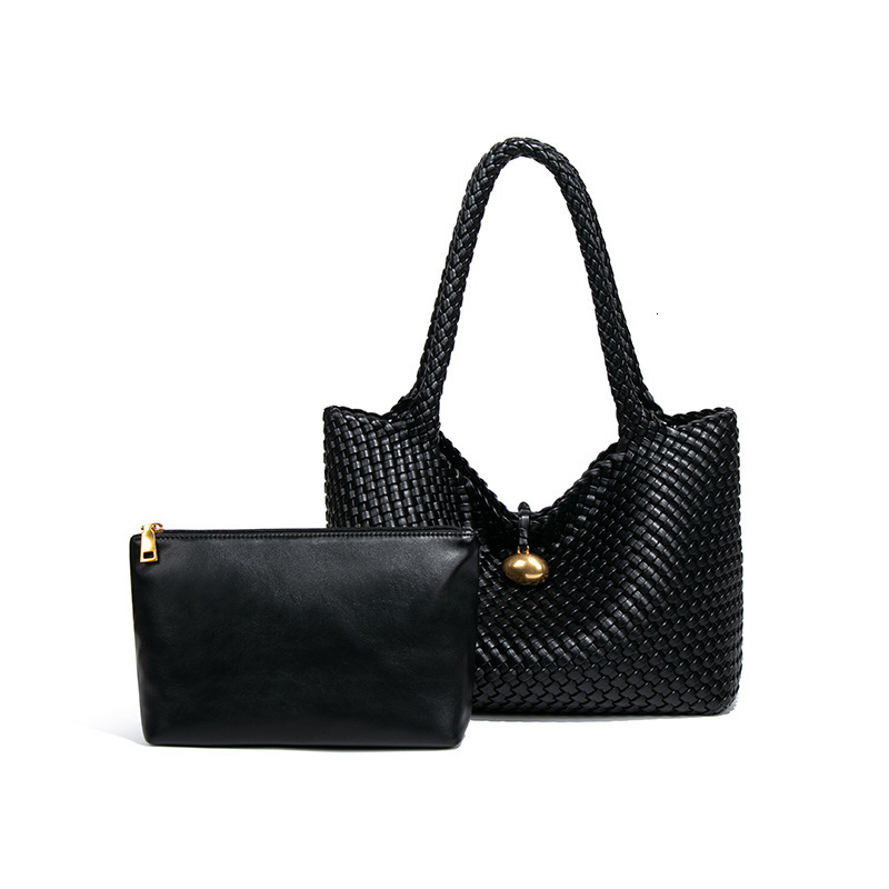 New Women's Large Capacity Handwoven Laptop Gold-Plated Soft Leather Horizontal Square Shoulder Tote Bag