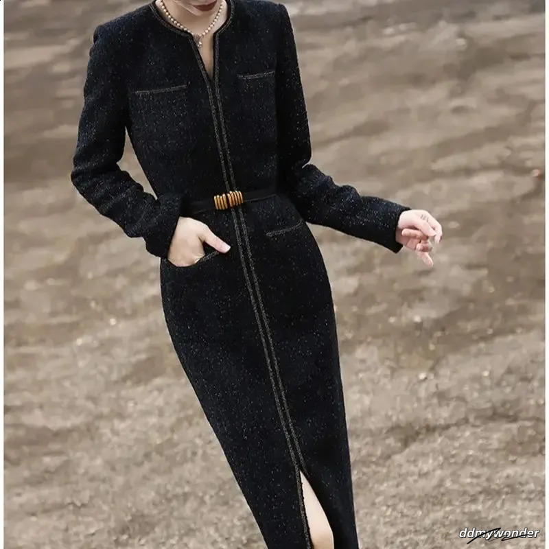 Tweed Dresses Women, Elegant Midi With Bright Silk Accents, Long Sleeves, Slim Fit Party Dress For Celebrations Ddmywonder