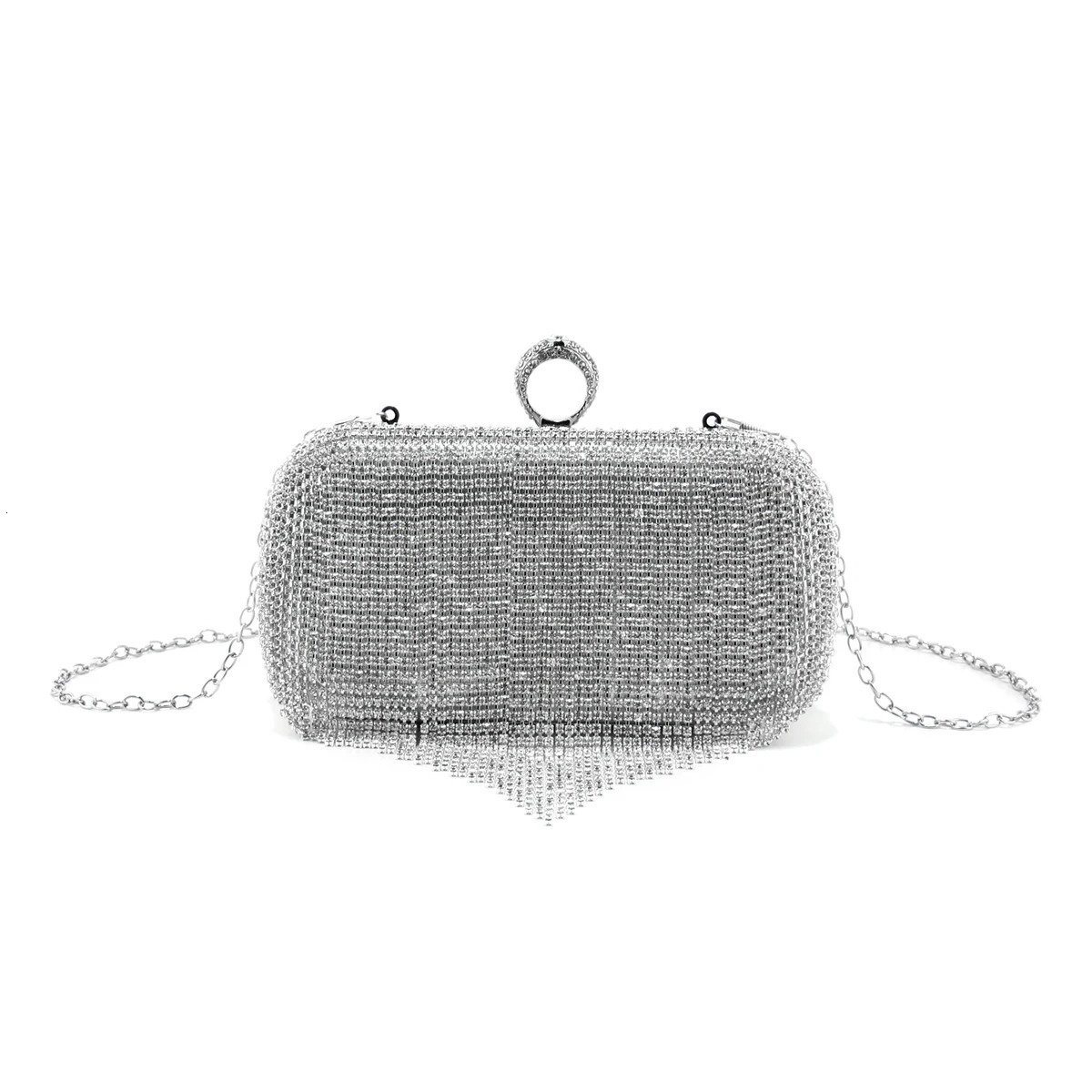 Tassel y Glitter Clutch Silver Bags s Finger Ring Diamonds Evening Metal Chain Shoulder Handbags 251014