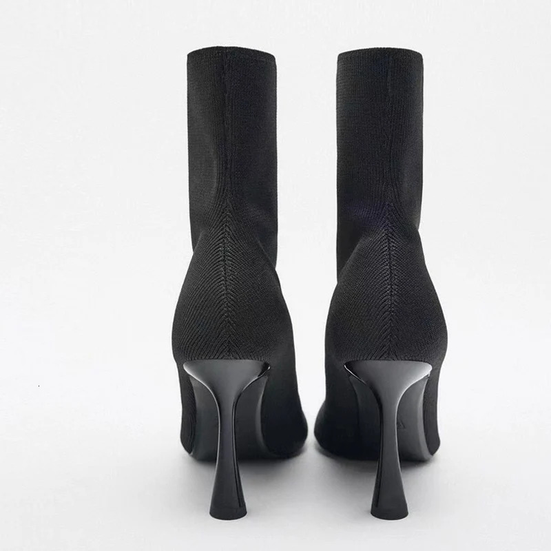 Liyke Woman Black Knitting Stretch Fabric Sock Boots Elegant Pointed Toe Ankle Boot High Heels Party Prom Shoes Size 40 251011