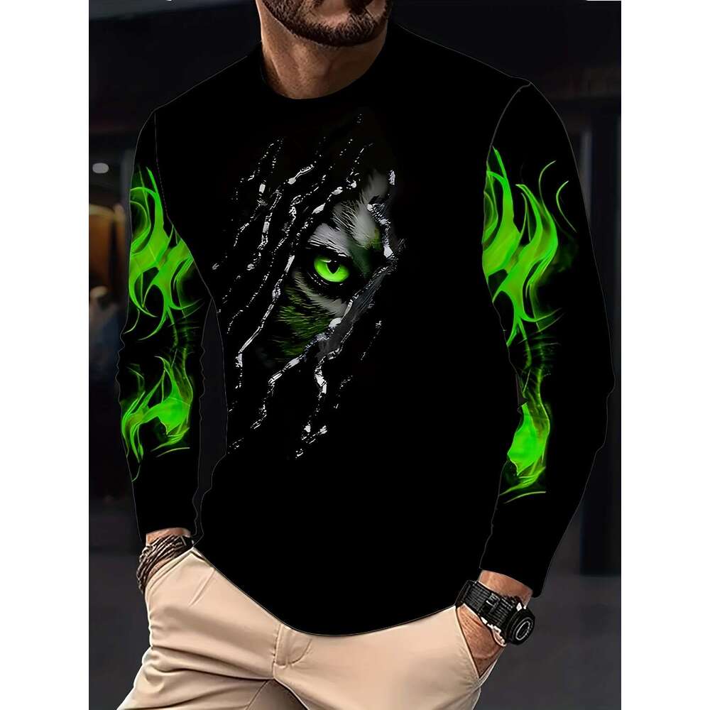 Men's Casual Long Sleeve Crew Neck T-Shirt Green Eye And Flame Design, Slim Fit Polyester Knit With Slight Stretch, Animal Pattern Graphic Tee