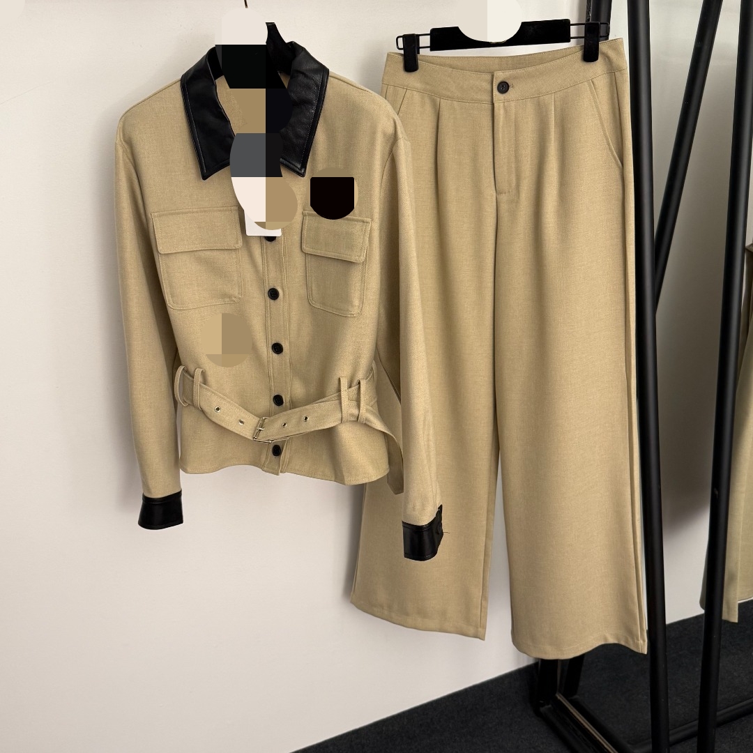 Embroidered front double pocketed belt-waisted placketed leather lapel long-sleeved linen coat with high-waist pants 20256670