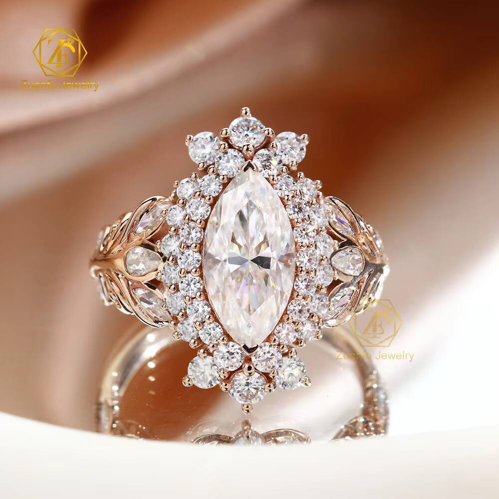 Custom Luxury 10K Solid Rose Gold 6x12mm 2CT Marquise Cut D VVS1 Color Moissanite Diamond Engagement Ring for Women