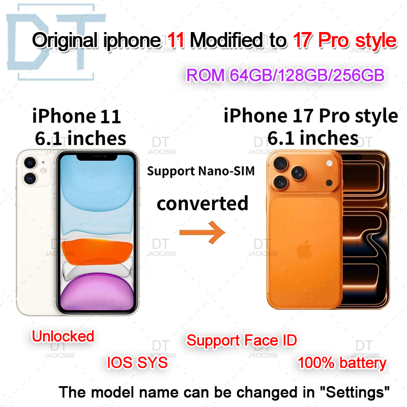 Apple Original iphone 11 in iphone 17 pro style phone Unlocked with iphone 11 Covert to iphone17Pro box sealed 4G RAM smartphone,A+Excellent Condition
