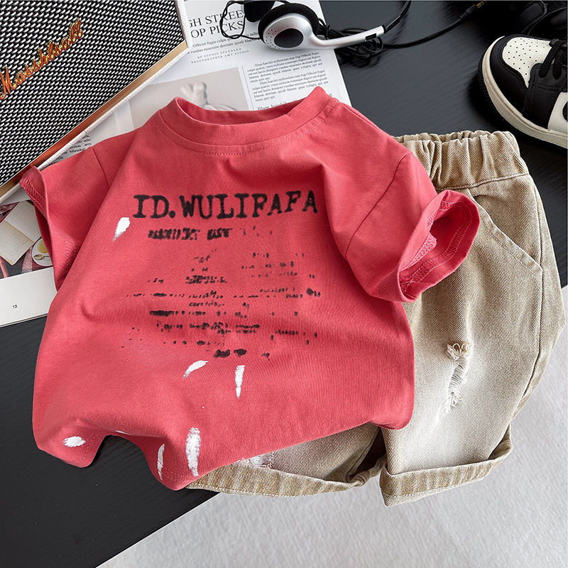 Boys' summer outfit new summer short sleeved 2025 vintage round neck two-piece loose fit free shipping