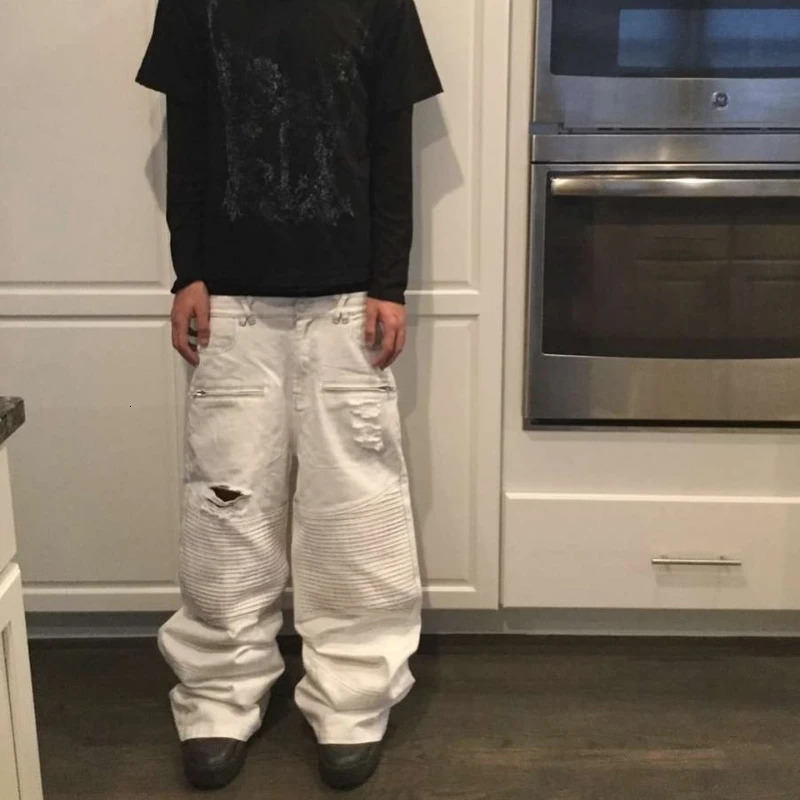 Y2K Retro Biker Denim Pants Zipper Pocket Distressed Holes Ruched Jeans Trendy High Street Streetwear Unisex Baggy Trousers 251014