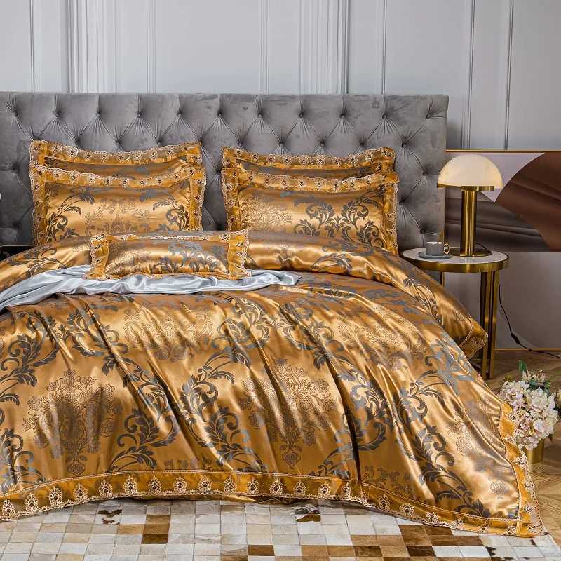 Luxury Euro Gold Satin Jacquard Lace Bedding Set Soft Silky Single Queen King Double Duvet Cover Set Bed Sheet Set PillowcasesXJ251015