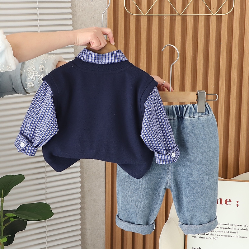 2025 New Hot selling Spring Clothing New Fashionable Baby Vest Small Grid Three piece Set Spring and Autumn Baby Trendy Boys' Set Free Shipping
