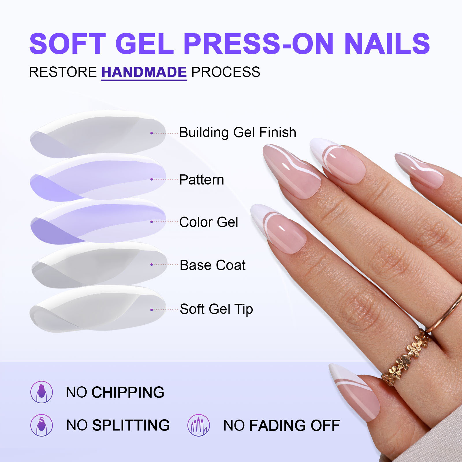 paired with white french border and white thread press on nails gentle and elegant suitable for girls and women to wear daily