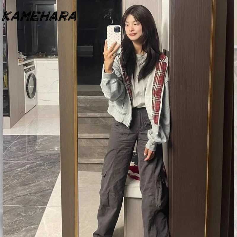 KAMEHARA Y2K Korean Street Retro Doublesided Plaid Loose Zipper Hoodie Harajuku Hiphop Gothic Couple Casual Simple Sweatshirt W251020