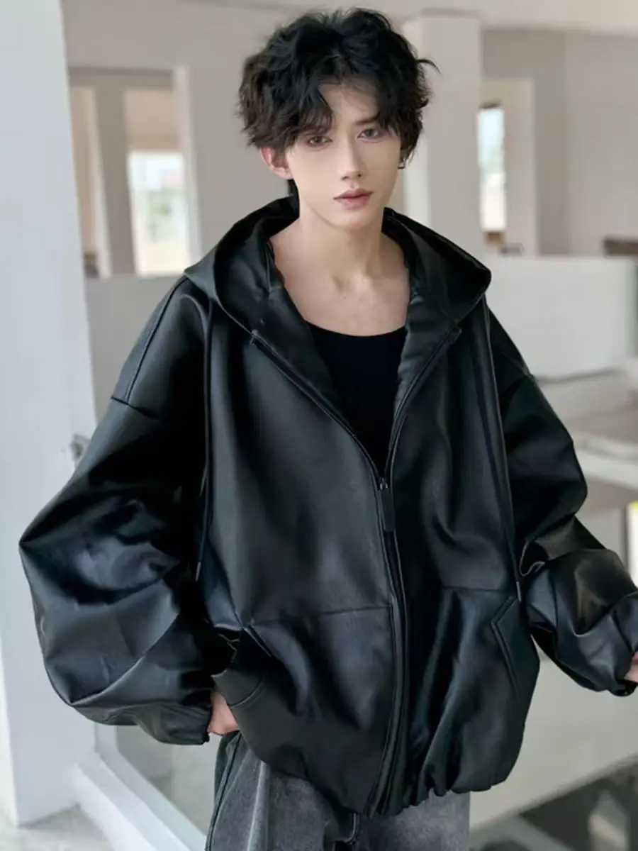 American Retro Black Gothic Hooded Leather Jacket For Men And Women Korean Fashion New Trend Simple Windproof Motorcycle Coats J251117