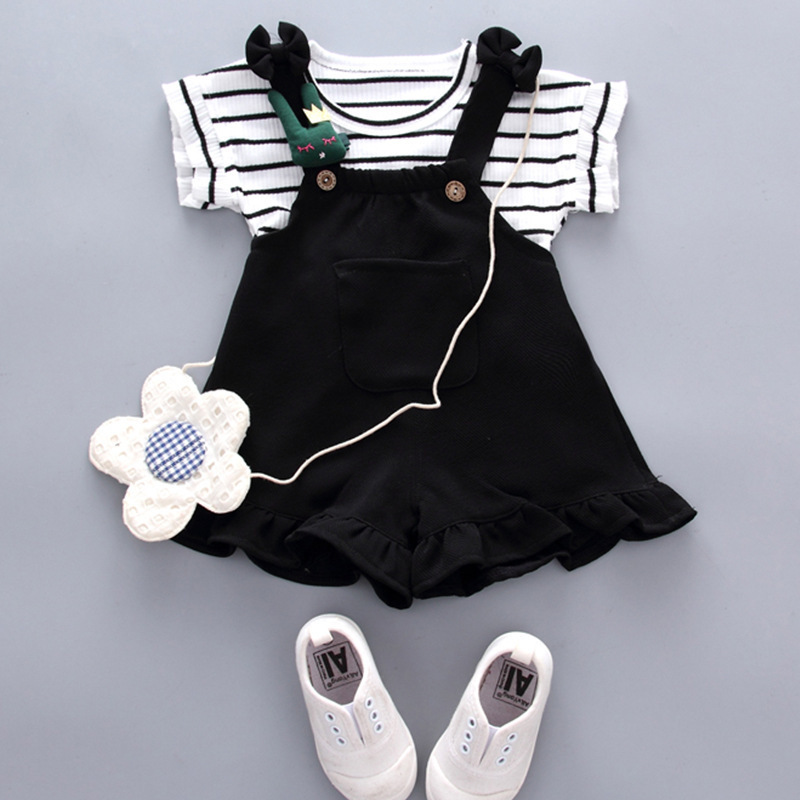 2025 New Hot selling Girl Baby Cute Stripe Short Sleeve New Small and Medium Children's Strap Short Sleeve Set Children's Two Piece Set Free