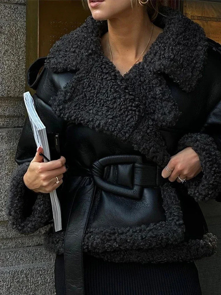 Women Vintage Patchwork Leather Sheepskin Coat Fashion Lapel Lace Up Long Sleeve Thick Warm Jacket Winter Streetwear 251106