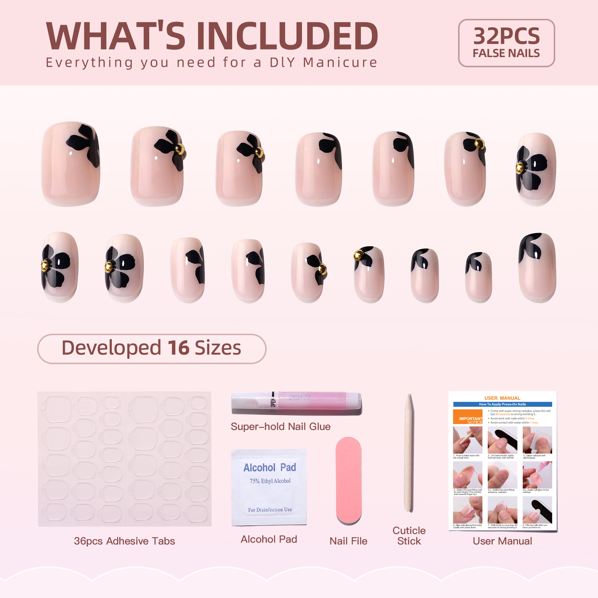 white gradient black flower presson nails with diamond full patch square shape reusable set of 32 pieces