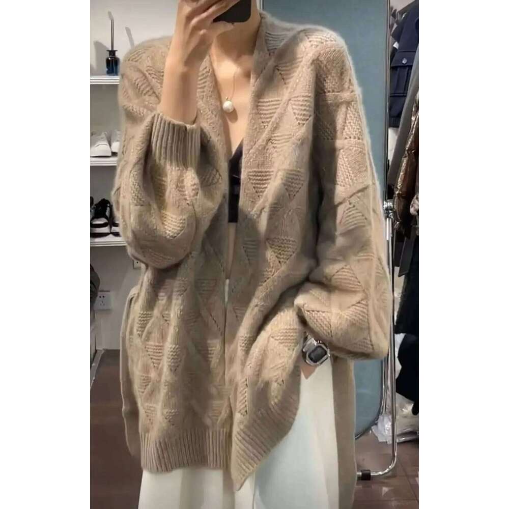 Women's Long Cashmere Cardigan Coat Thick Knitted Sweater Loose Slim Fit Dia Pattern Autumn Winter New Arrival 251020 251020