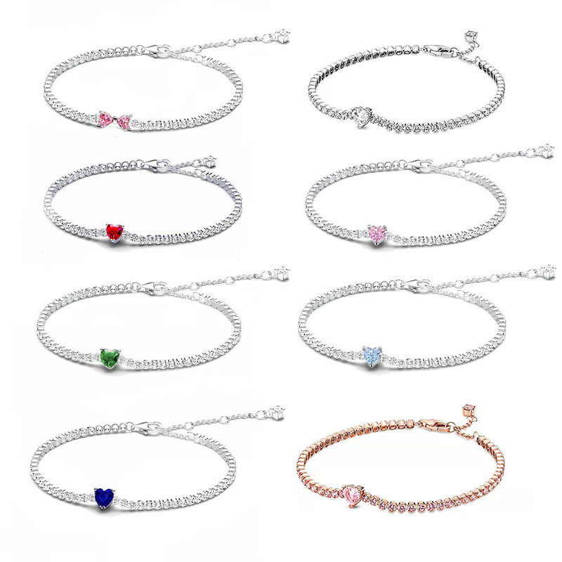 New 925 Sterling Silver Dense Chain Love Tennis Adjustment Chain Red Heart-shaped Gem Bracelet
