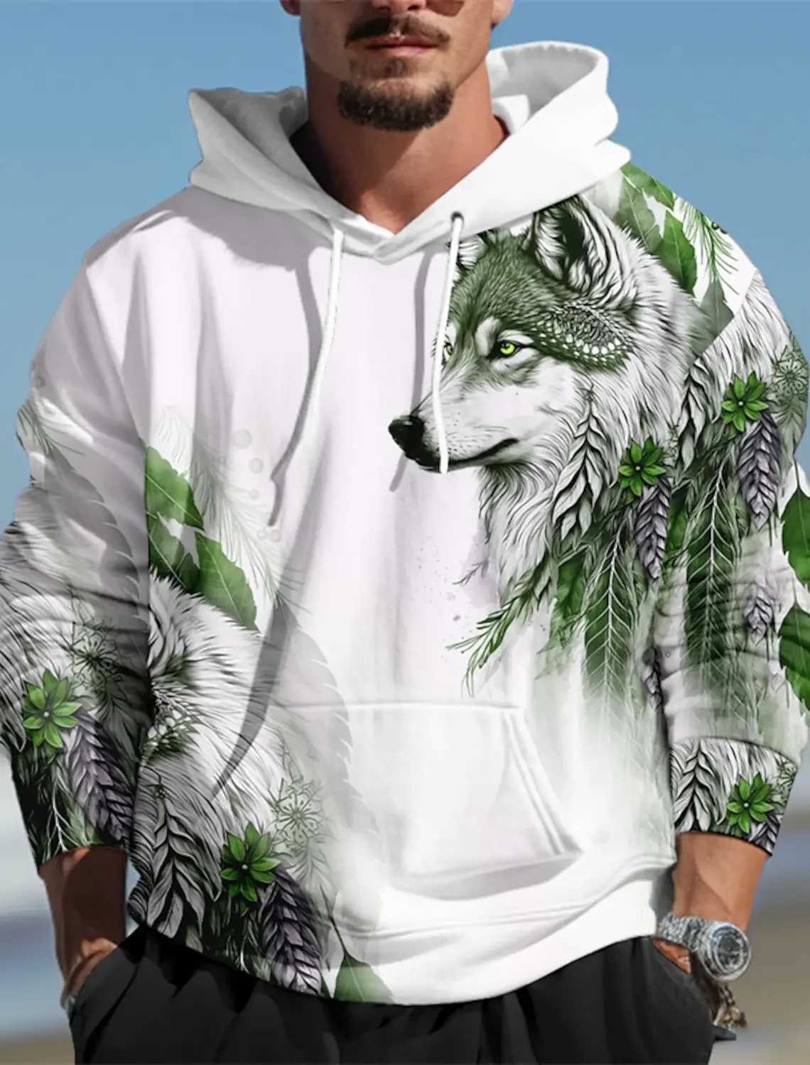Wolf Graphic Mens 3D Print Pullover Streetwear Hoodies Dark Green Long Sleeve Hooded Spring Fall Designer Top W251020